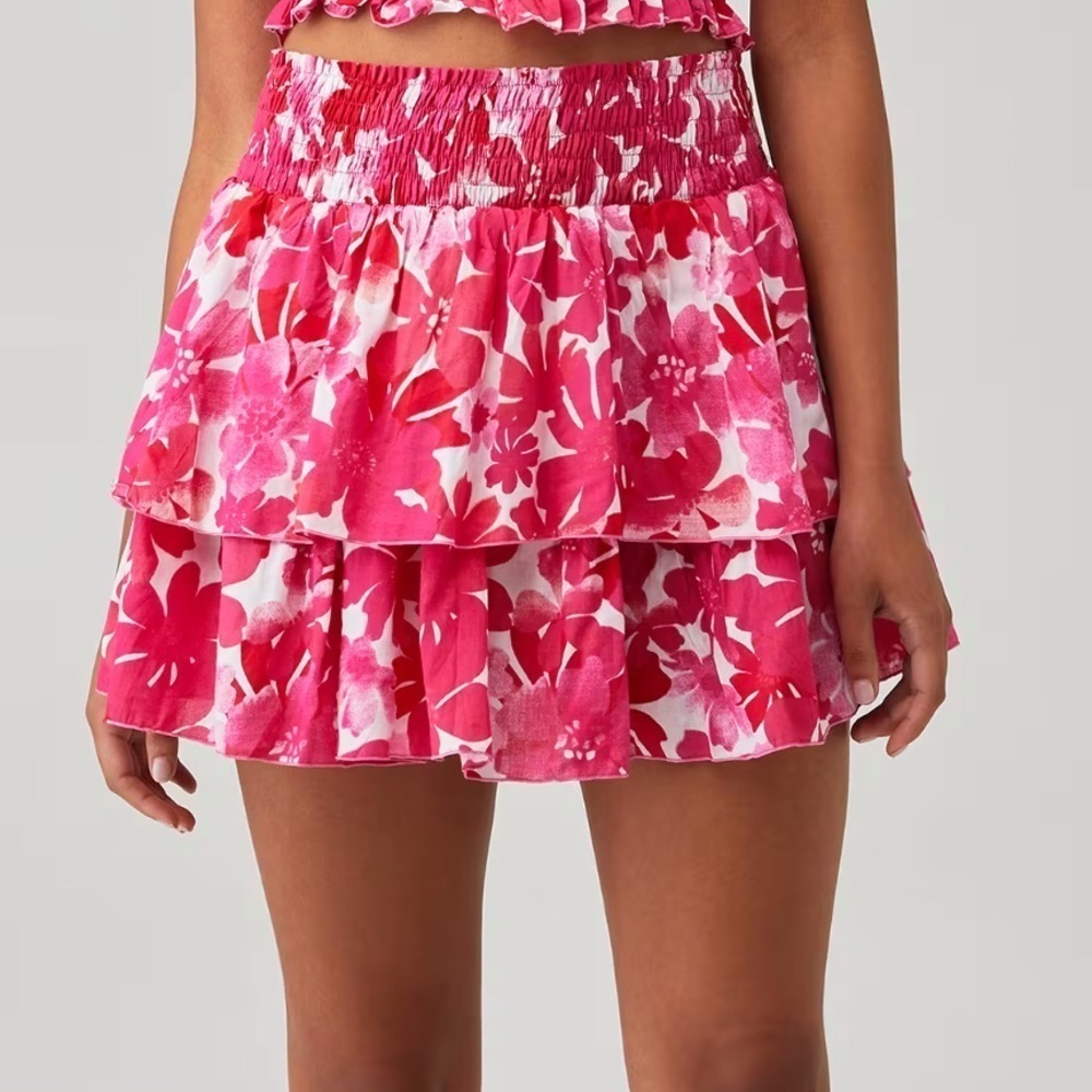TIARE HAWAII OLIVIA Mini SKIRT in Fiji Flowers Pink Smocked Waistband XS/S